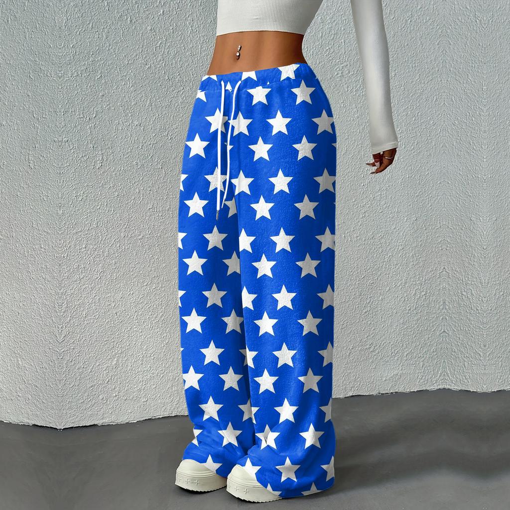 Women's Casual Fashion Printed Elastic Waist Loose Straight Leg Pants With Rope