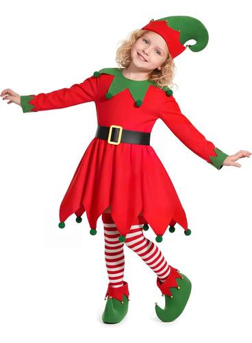 Christmas Costume Dress With Elf Hat, Shoes, Belt, Striped