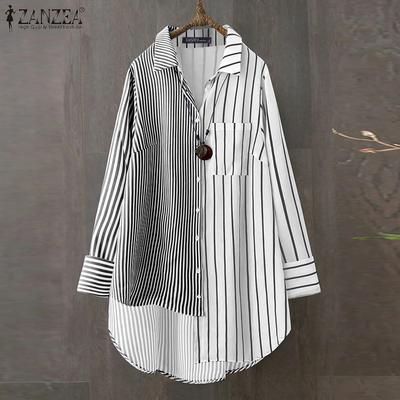 Damska codzienna bluzka z kołnierzykiem i długim rękawem w nieregularne paski