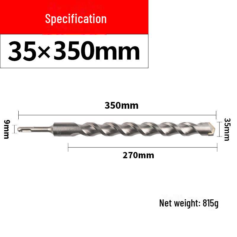 Impact Hammer Drill Bit for Drilling Through Concrete and Cement Walls with Round and Square Handles, Two Pits, and Two Grooves.
