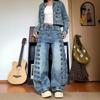 Damen Jeans mit hohem Bund und geradem Bein mit Vintage Marine Metallknöpfen Deconstruiertes Design Normale Dicke
