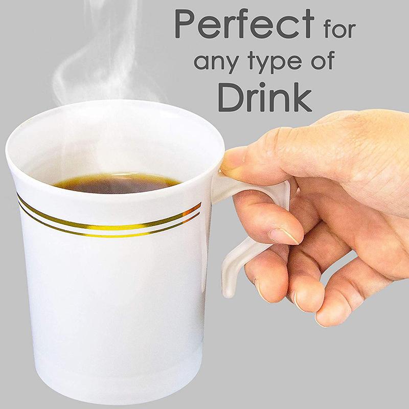 Plastic Coffee Mugs 8 Oz Coffee Cups With Handle White Gold Rim Disposable Tea Cup Soup, Espresso Mug, Hot Or Cold Drinks