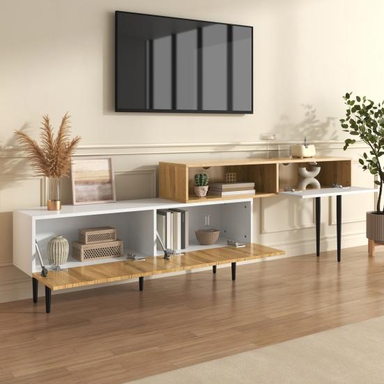 Modern TV Cabinet with Adjustable Length, Modular 2-Piece Design, Wood Look, Matt White, Black Metal Legs, Multifunctional Living Room