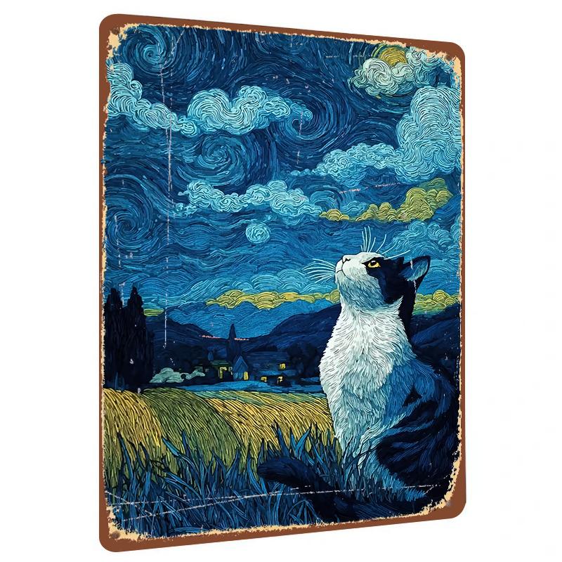 

Van Gogh Starry Night Art Cat Metal Wall Decor Iron Painting Living Room Bedroom Home Decoration 20x30cm（7.8x11.8inch）