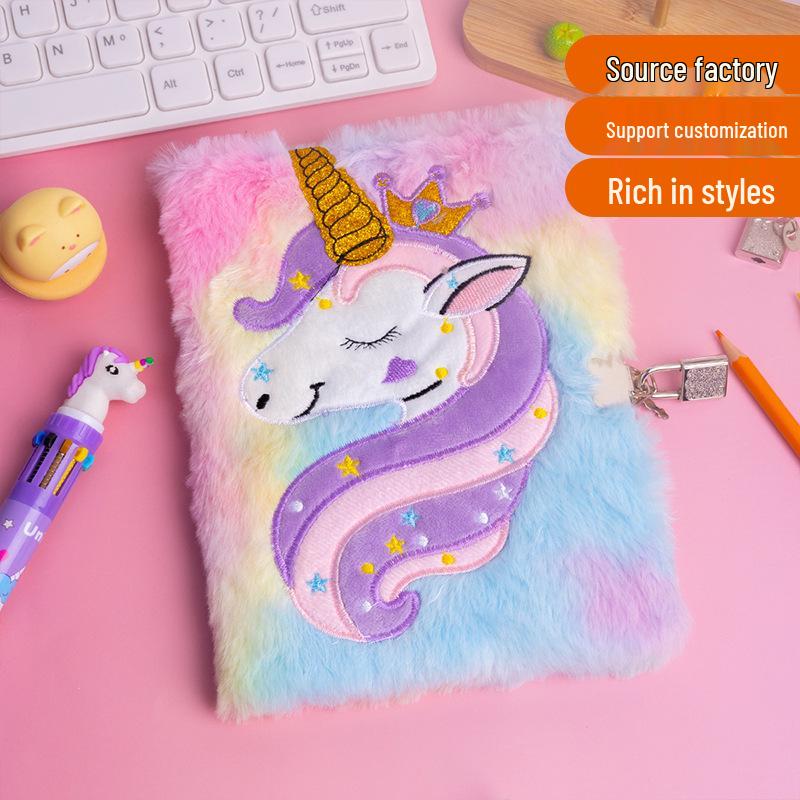 Cartoon Unicorn Tie-Dye Plush Lockable Diary for Girls