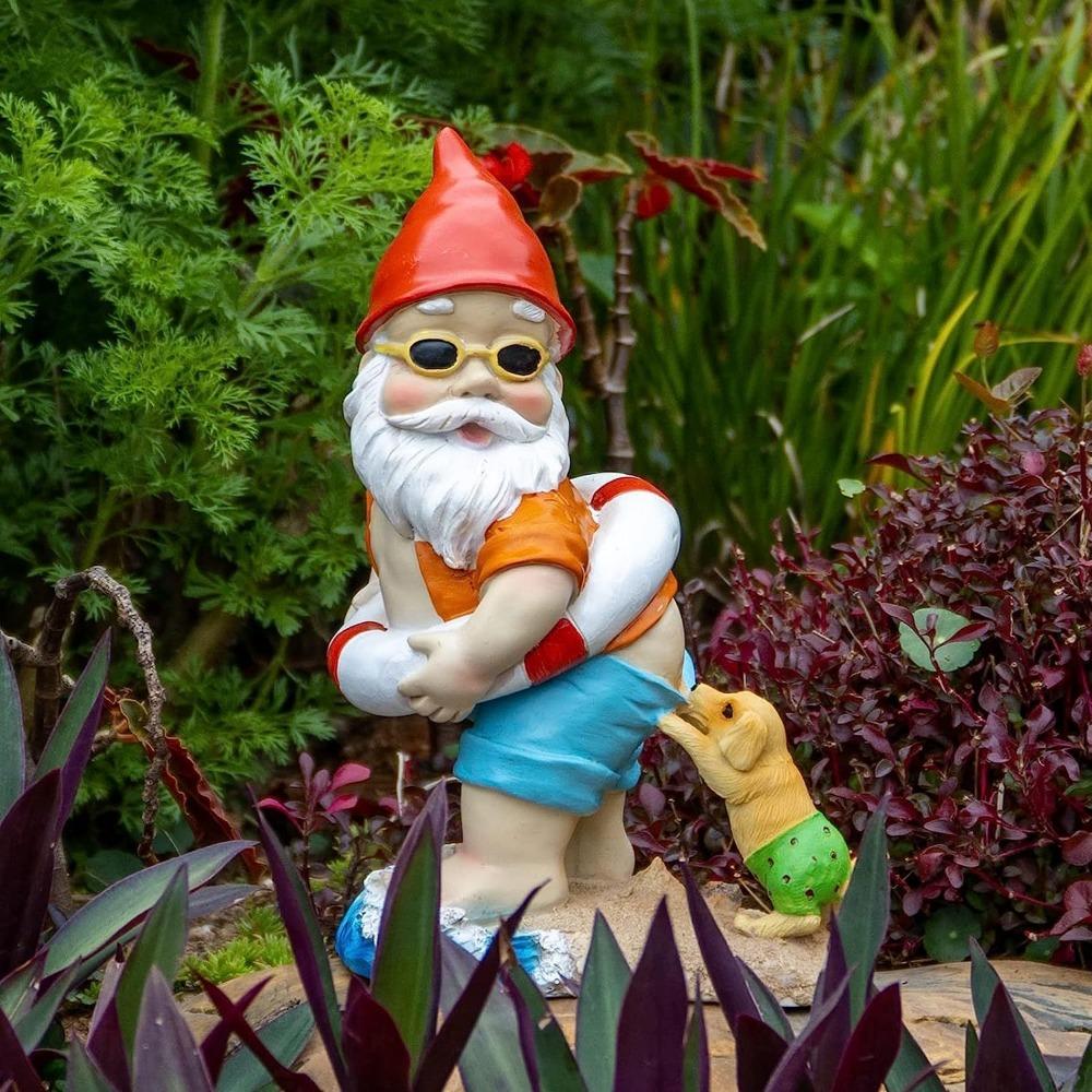 Puppy Bites Gnome Resin Sculpture Outdoor Garden Lawn Fountain Swimming Pool Ornament Bathroom Decoration