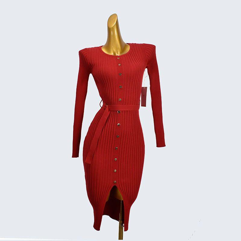 Export Fashion Style Round Neck Metal Clinch Pullover Knitting Sweater Long Sleeve Silm Hip Bag Dress Female Pure Color