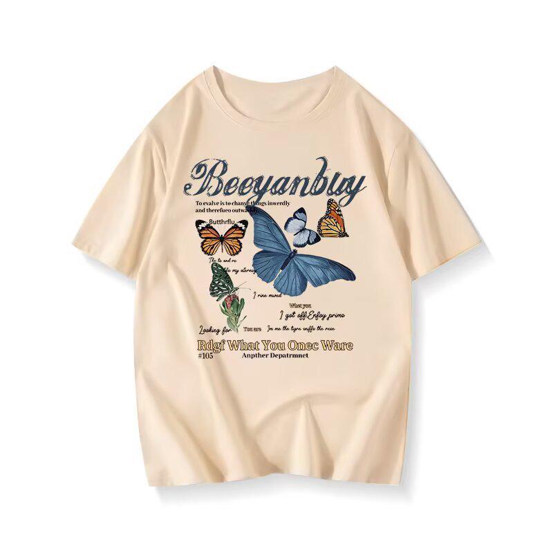 

Женская футболка свободного кроя с ретро-принтом бабочки, тренд лета 2025 S абрикосовый