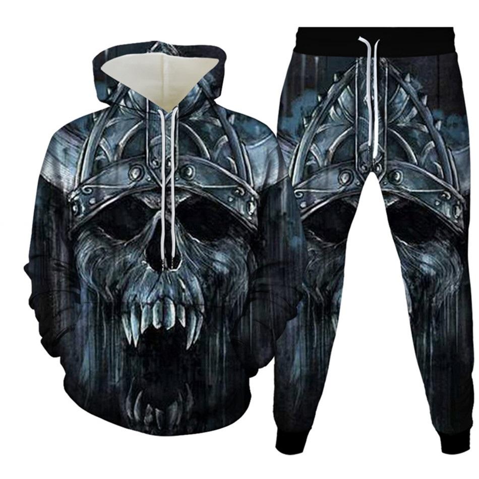 New Men's Tracksuit Sets Goth Punk Skull Fire 3D Printing Hoodies Pants Suit High Quality Skeletons Pullover Streetwear Oversized