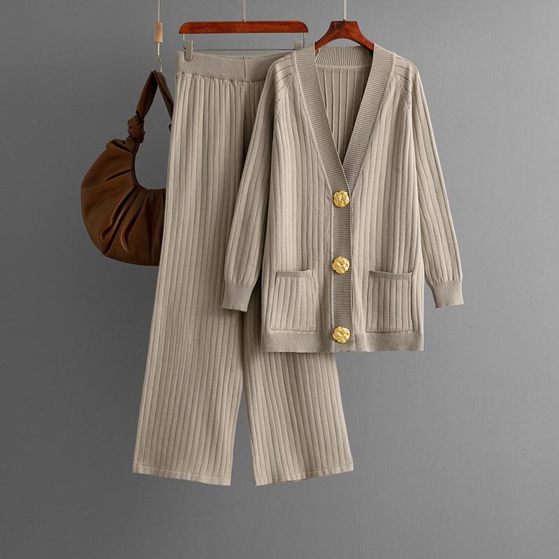 Autumn and Winter New Solid Color Loose Metal Button Cardigan Set + Wide-leg Pants Two-piece Set for Women