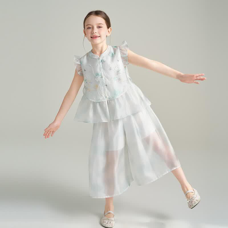 Montagut Girls' Ink Wash Floral Embroidery Sleeveless Two-Piece Set