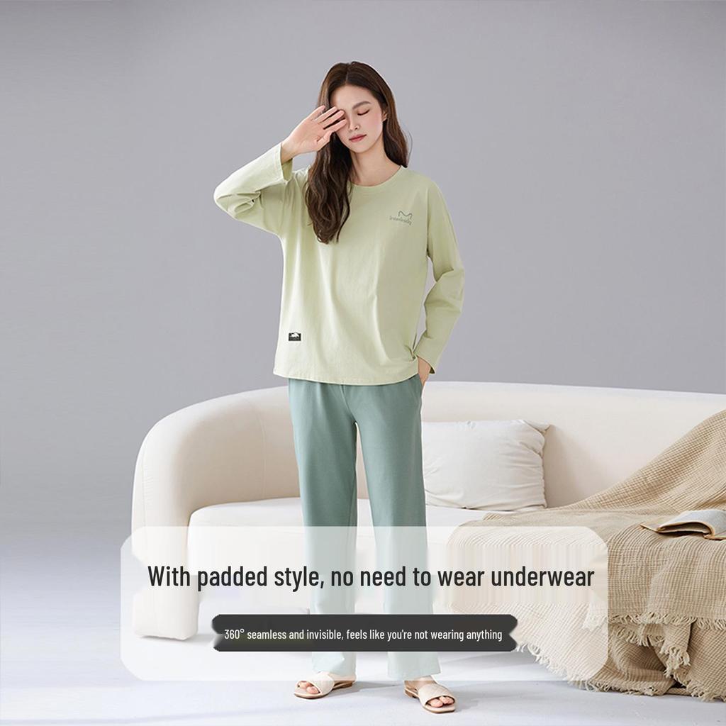 Women's Pure Cotton Pajamas with Chest Pad - Long Sleeve, Plus Size, for Autumn/Winter. Wearable Outdoors, Loose Fit Homewear.