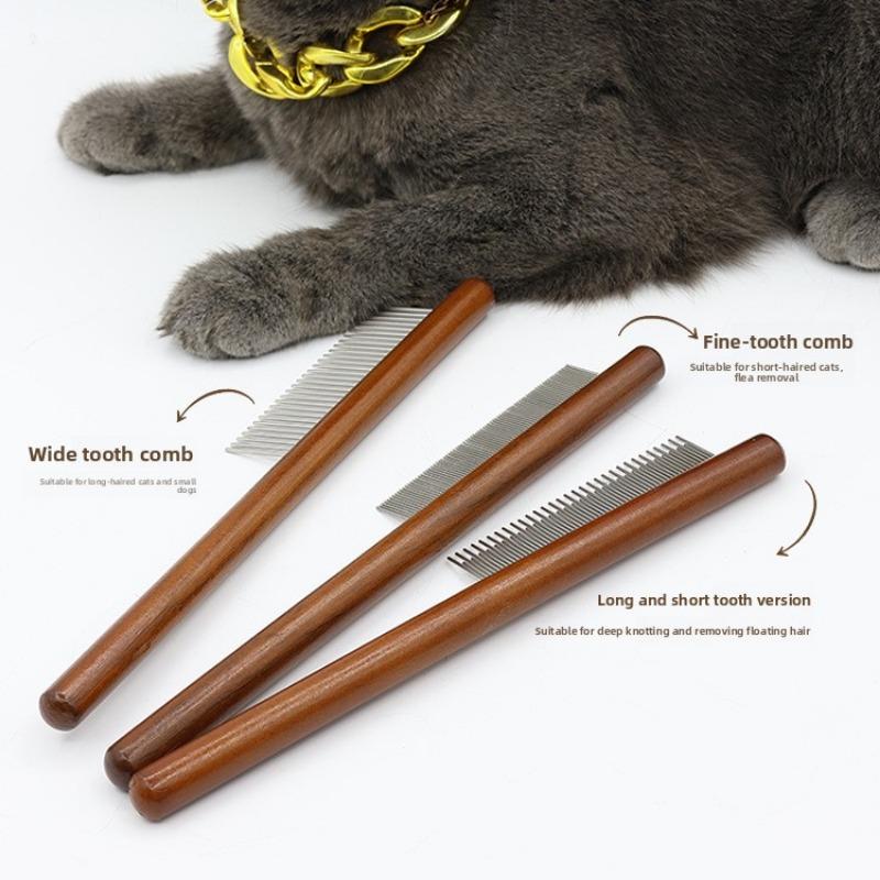 Pet Row Comb, Solid Wood Handle, Single Row Flea Comb, Dog and Cat Grooming Comb, Cat Lice Removal Long Needle Comb
