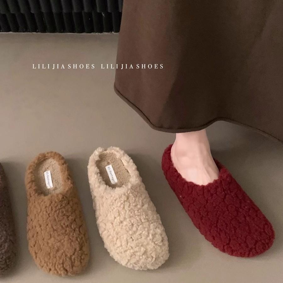 Retro Lammwolle Plüsch Hausschuhe Damen 2025 Herbst und Winter neue Taschenkopf Pantoffeln Fee faul Baumwollpantoffeln ein Pedal