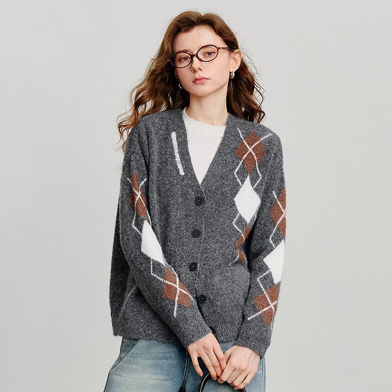 Women's V-Neck Retro Argyle Knitted Cardigan Sweater