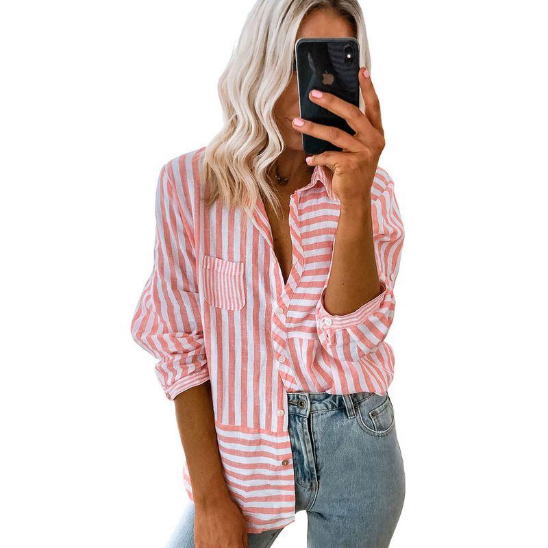 Early Spring 2025 New Arrival Work Clothing All-Matching Striped Shirt Women Fashion Fashion Colorblock Single-Breasted Long Sleeve Shirt Women