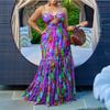 Women's Sexy Spaghetti Strap Colorful Print Maxi Dress, Backless Cut Out High Waist Tiered Beach Vacation Evening Party Gown