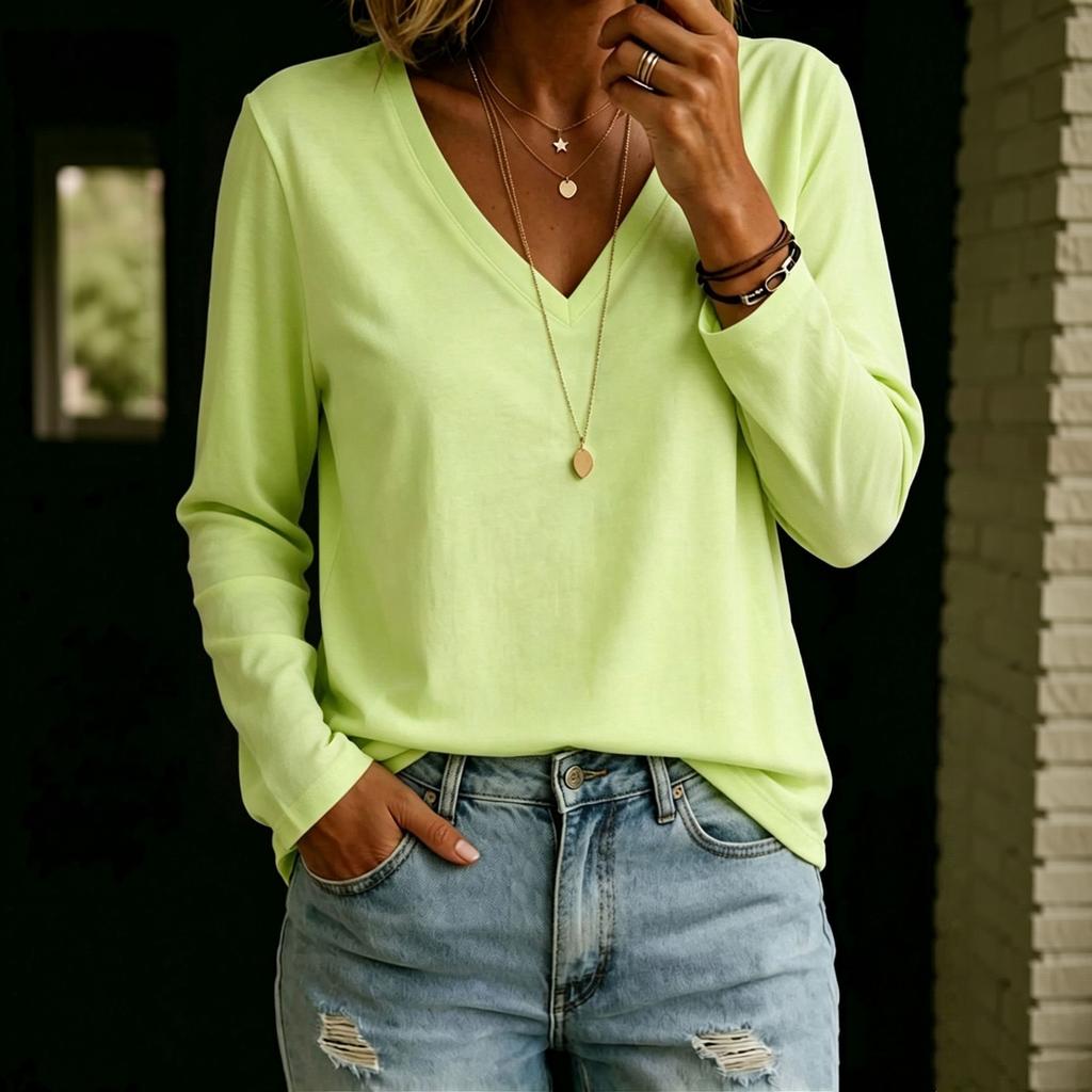 Women's Color V-Neck Long Sleeve T-Shirt Loose Fit Casual Top