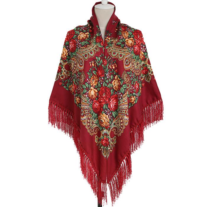Russia  Ukraine  Xinjiang Ethnic Style  Large-size Women's Shawl  Tassel Scarf  Autumn and Winter Retro Printed Big Scarf