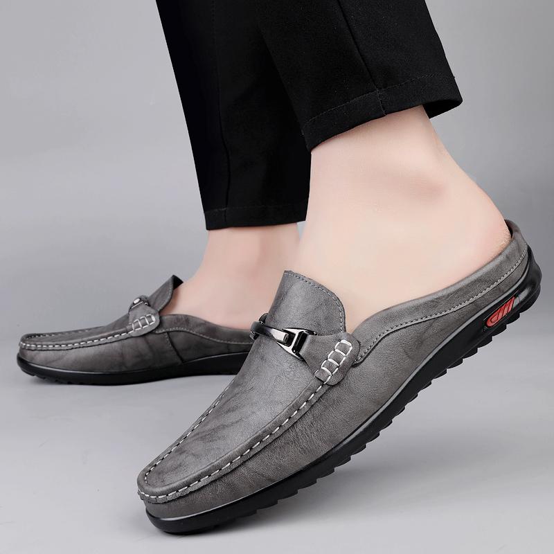 Fashion Luxury Men Genuine Leather Shoes Casual Business Men Slip-on Shoe All-Match Half Slippers Loafers Summer Handmade Flats Slippers