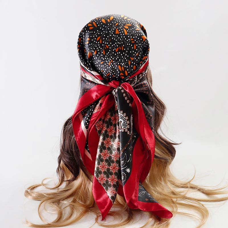 Handkerchiefs Hair Silk Scarf 90*90Cm Print Satin Big Square Silk Scarves Shawls For Women Designer Hijab Headband