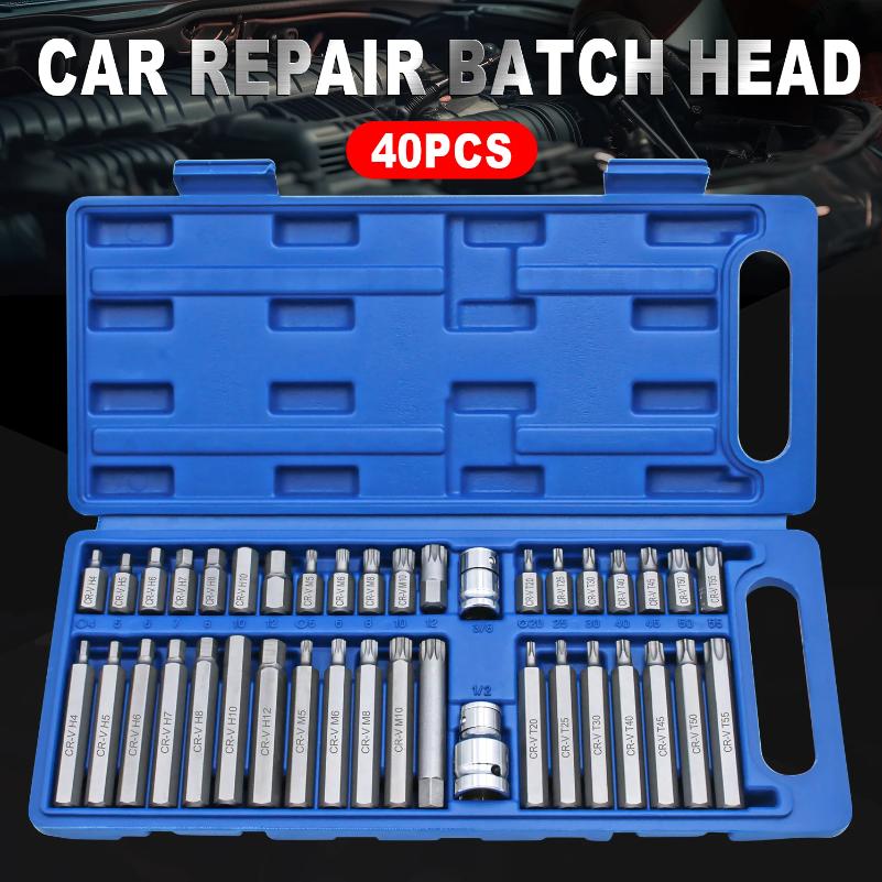 40 Piece Set of Automotive Repair Tools, Including Hexagonal, Hexagonal, and Hexagonal Screwdriver Head Sleeve Sets