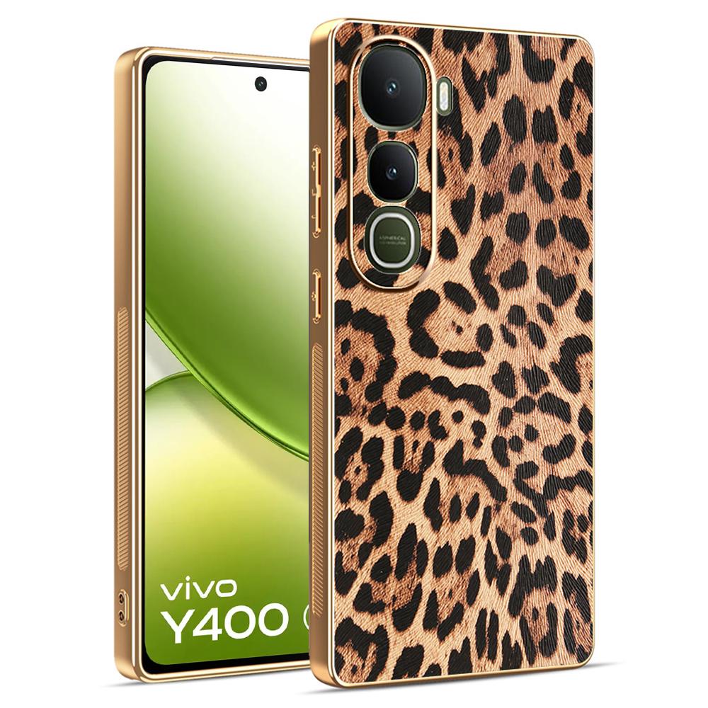 

For vivo Y400 5G Case Leopard Print PU Leather Coated PC + TPU Electroplating Phone Cover