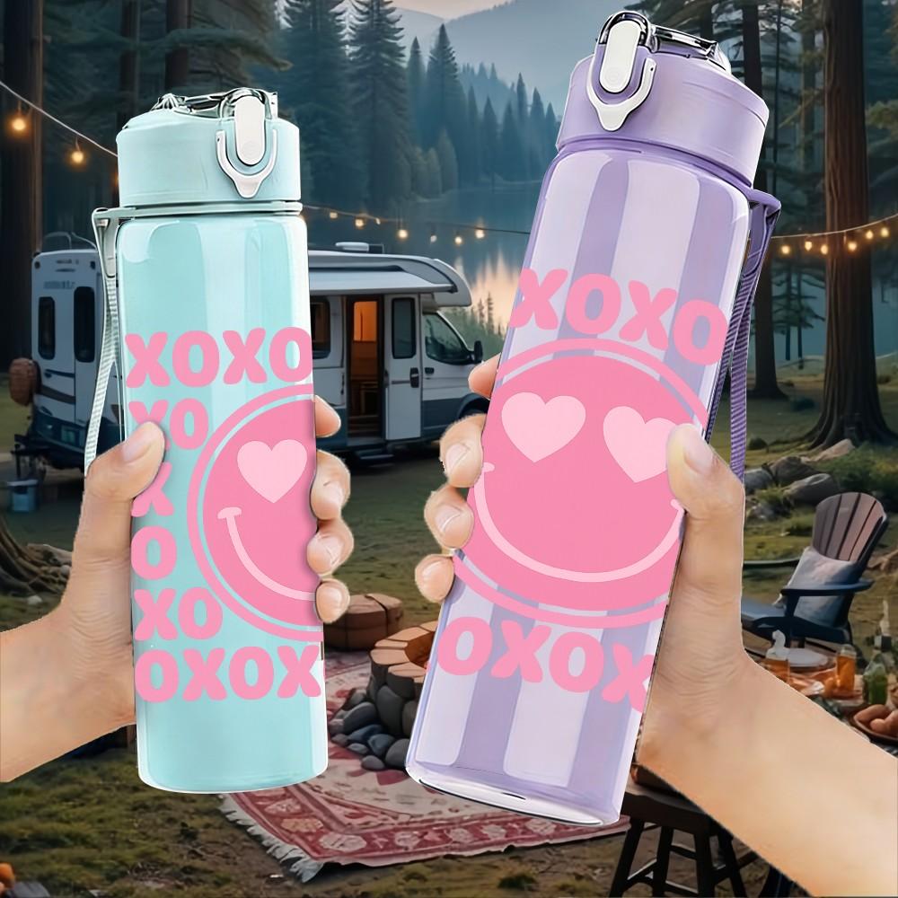 1PC Xoxo Pink Circle Pattern Print 750ml Color Plastic Sports Water Bottle Leakproof Flip Straw Lid Suitable for Sports Office Home Use