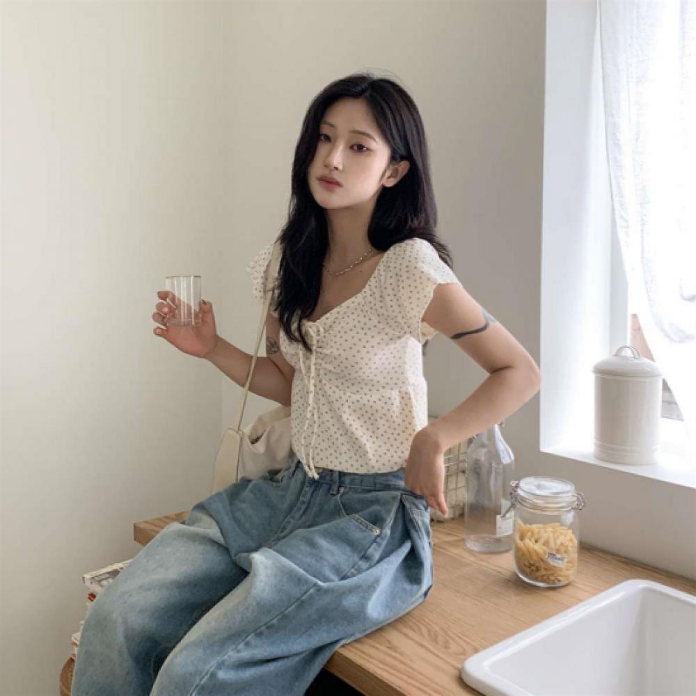 New Arrivals Open Run Women Ribbon Strap Cap Sleeve Shirring Blouse Lovely Print