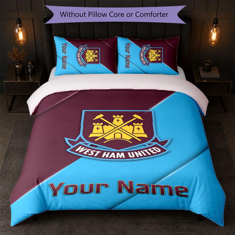 Set Biancheria da Letto Personalizzato West Ham United FC Testo Nome 1 Copripiumino+2 Federe Logo Calcio Regalo Personalizzato per Occasione Speciale Decorazione Camera da Letto