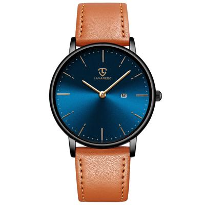 Simple Analog Watch with Date Display and Leather Strap In Orange and Black and Men's Minimalist, Fashionable, Blue, Blue-orange.