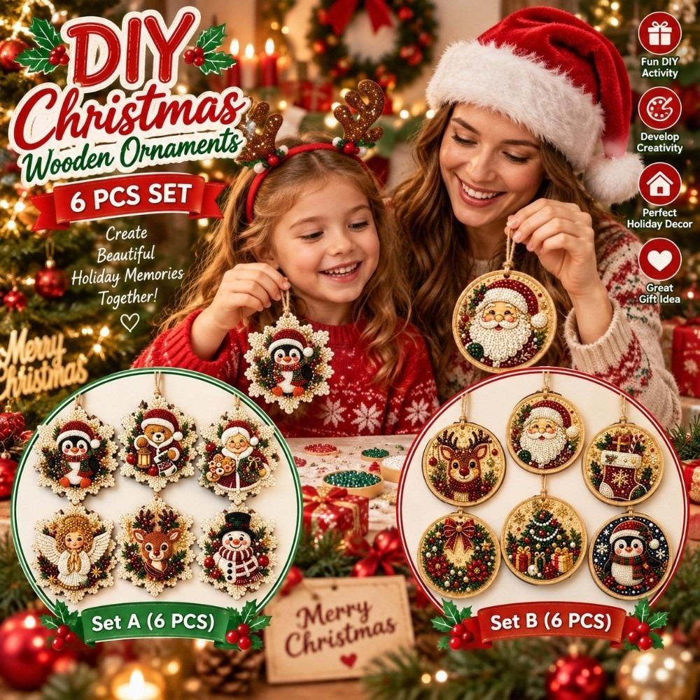 6pcs DIY Craft Wooden Christmas Ornaments 2D Flat Xmas Tree Hanging Ornament Christmas Theme