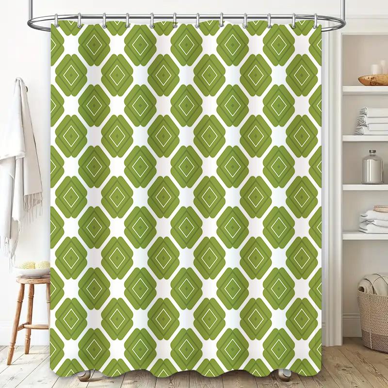 Green and White Bath Shower Curtain with Geometric Pattern Waterproof Home Decor for Bathroom Decoration (Medium Size)