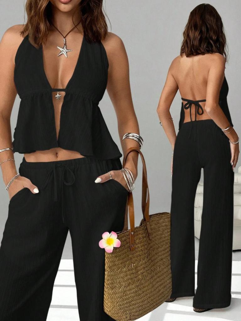 2-teiliges Bekleidungsset, bestehend aus einem trägerlosen Neckholder-Top und einer Hose mit weitem Bein und Kordelzug, geeignet für Freizeitkleidung, Damen-Strandmode