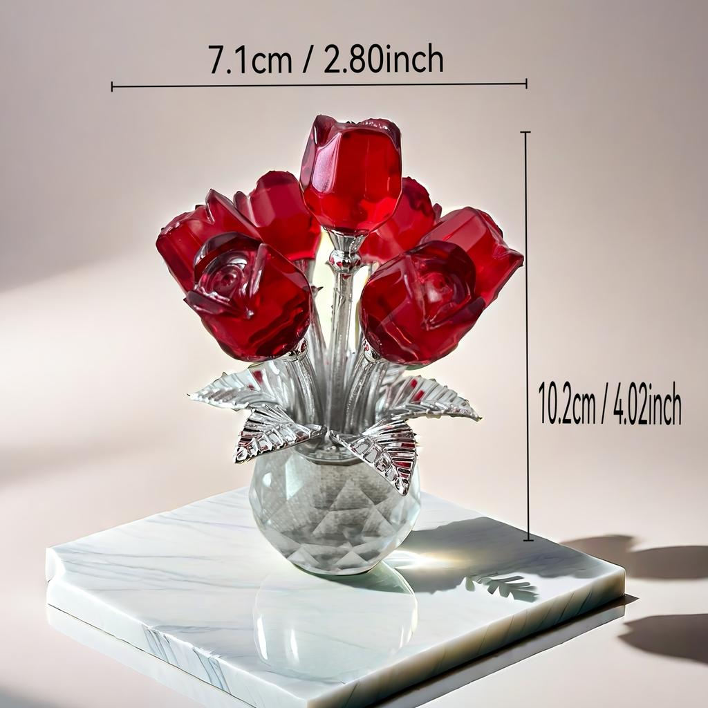 Exquisite Crystal Glass Rose Sculptures - Elegant Red, Blue & Pink Floral Decor with Sparkling Leaves, Multi-Room Home Décor for Bedroom, Kitchen..