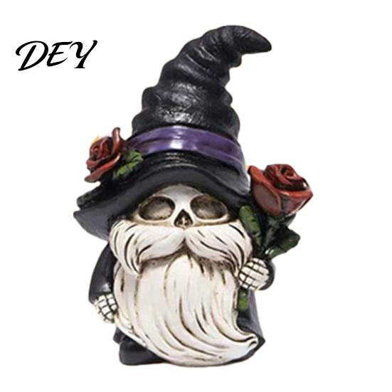 Wizard Hat Gnome Statue Halloween Skeleton Figurine, Gothic Witch Dwarf Statue, Figurine Holding Rose Sculpture for Party Decoration Hand Painted