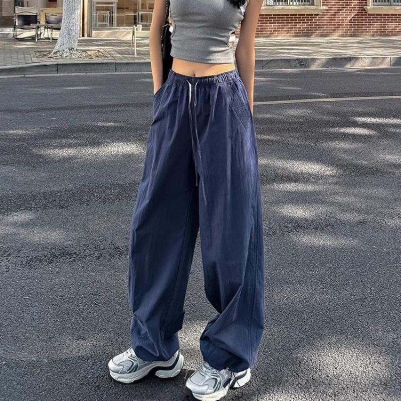Women's Summer Thin American-Style Quick-Dry Navy Work Pants - Textured Loose Wide-Leg Sports Trousers