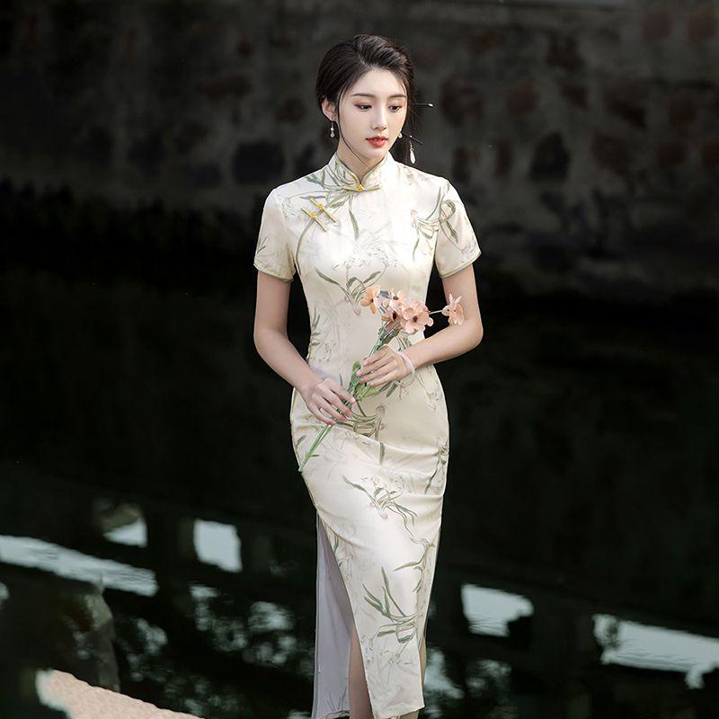 Summer Slimming Split Cheongsam Dress with Frog Buttons - Modern Printed Style