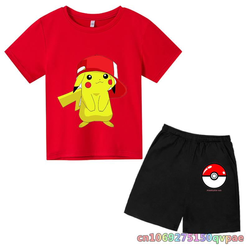 Children's Clothes Cartoon Summer Kids Animal Pokemon T-shirt Set Boys' Clothing  Leisure Cotton Pikachu Print Short Sleeve