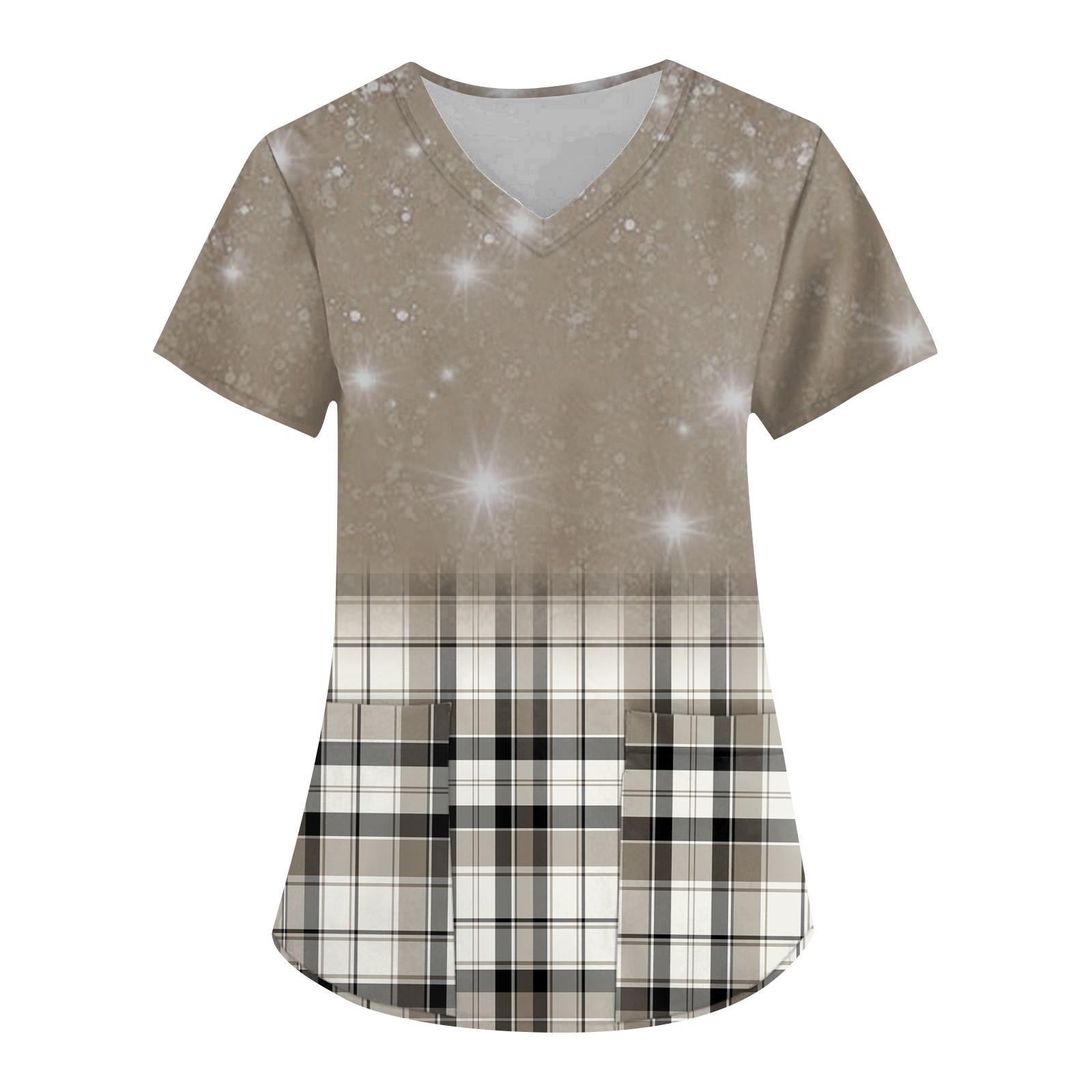 

Женская модная рабочая одежда с v-образным вырезом и коротким рукавом с карманным клетчатым топом XL хаки