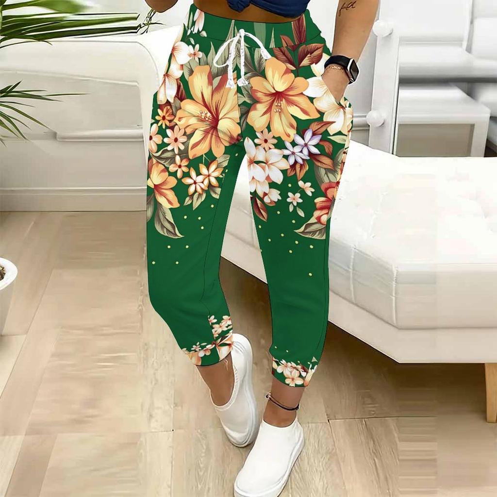 Sommer Damen Blumenprints Bedruckte Jogginghose Lockerer Schnitt Kordelzug Jogginghose Elastischer Bund Tägliche Lässige Hose