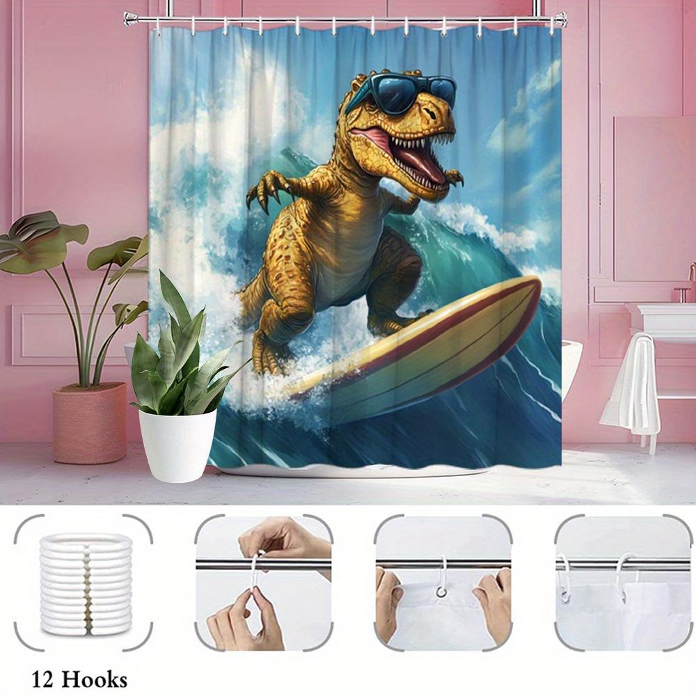 Cool Dinosaur Surfing With Sunglasses Shower Curtain Machine Washable All Season Waterproof Privacy Protection Hooks Included