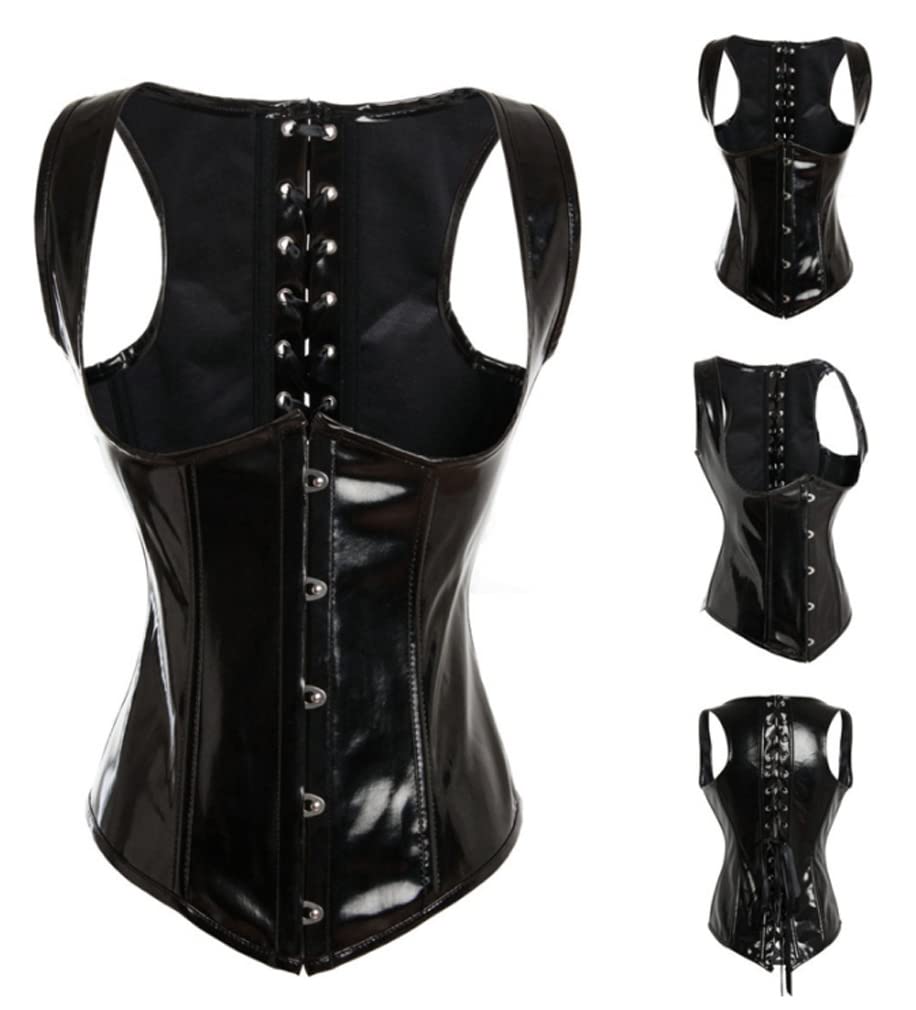 DOKiDOKi Enamel-Style Chest-Baring Corset (Black) Lace-Up Top Cosplay Costume for SM, Dominatrix, Bondage, Punk, Rock, and Sexy