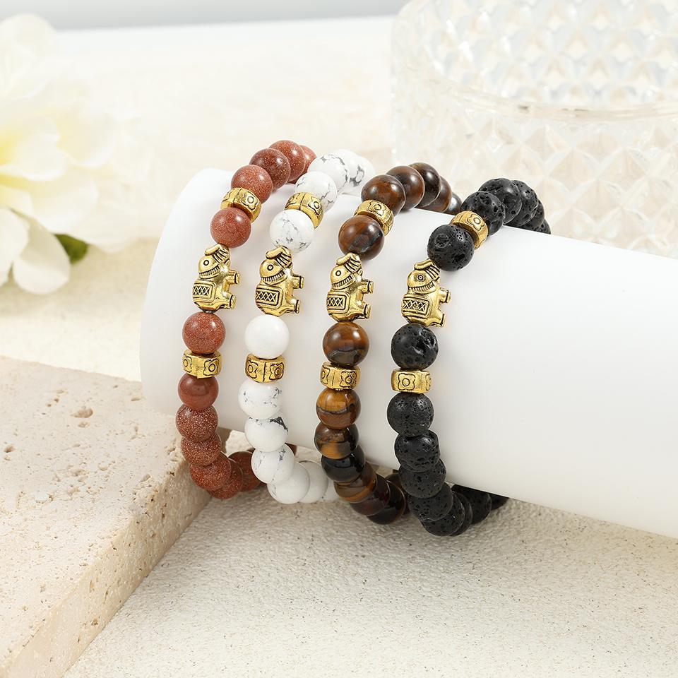 ZAKOL Natural Stone Elephant Knit Adjustable Beaded Bracelets For Men Women Metal Weave Strand Wristlet Rope Zircon Gifts Daily