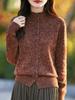 Women's Floral Wool Knit Cardigan - Semi-High Neck, Multi-Button Sweater for Autumn/Winter