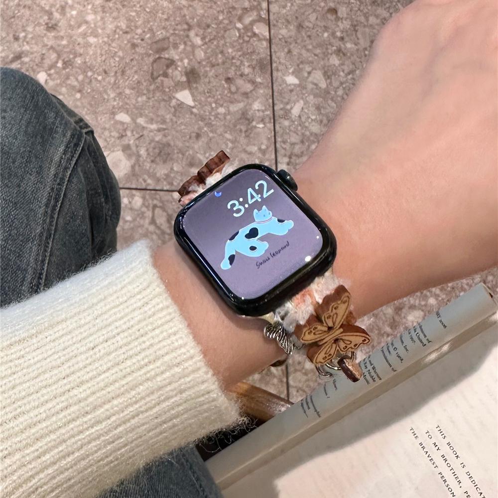 Śliczny pluszowy drewniany pand do Apple Watch Series 9 8 7 6 5 4 3 2se pasek do zegarka do IWatch Ultra 2 49mm 45 41mm 40 44mm bransoletka