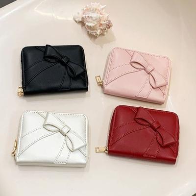 Portable Zipper Fashion Wallets Cute Bow PU Leather Short Wallets Multi-Card Slot Solid Color Coin Pouch Women