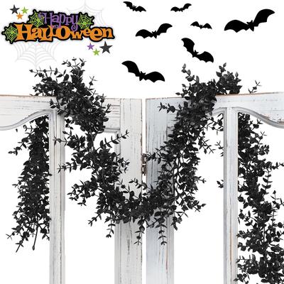 5,8ft Černé eukalyptové girlandy Umělá eukalyptová girlanda Halloweenská girlanda Černé listy Falešné závěsné eukalyptové liány