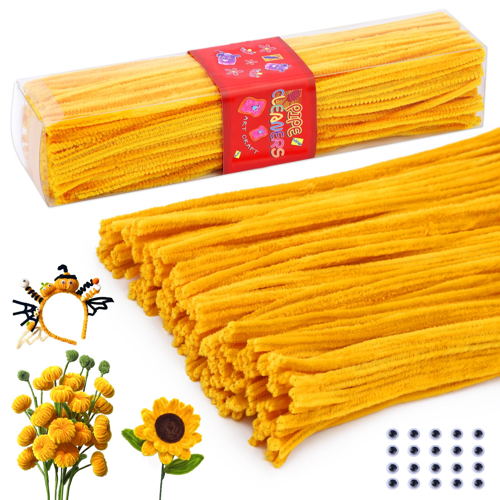 

Fenrry 200 шт. красочные ершики для чистки труб из синели DIY искусство и ремесло с клеящимися глазами и коробкой для хранения рождественские украшения жёлтый