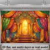 Opulent Indian Palace Tapestry, Regal Stage with Rich, Colorful Drapes and Golden Arch, Festive Bollywood Wall Art